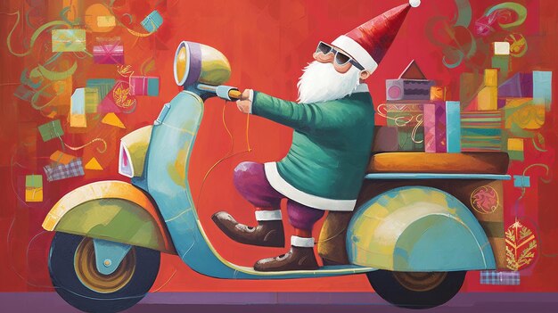 Photo a santa on a scooter with gifts on the back