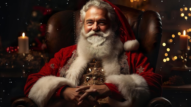Санта сидит на своем брошенном в своем доме