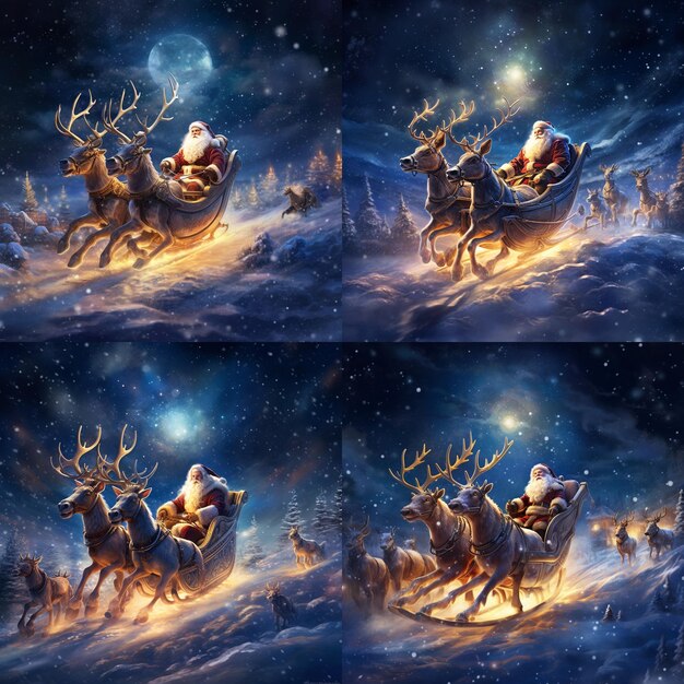 Santa sitting in open sleigh eight reindeers pulling