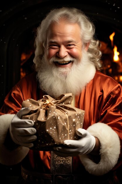 Santa smiles with gift by stove