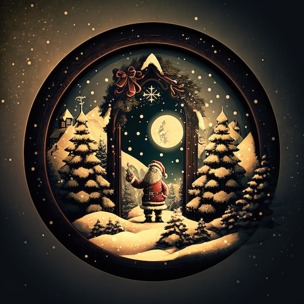 A santa in a snowy scene with a snowy mountain and a moon.