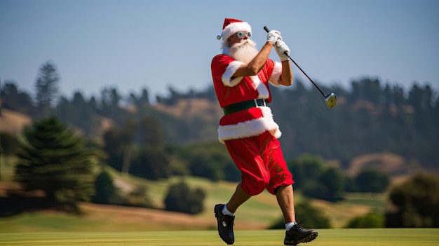 Photo santa swings on a vibrant golf course