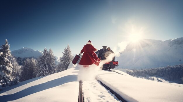 Santa on a train in the snow