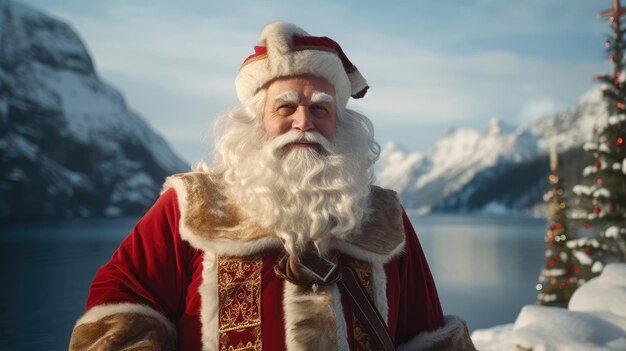 Foto il guerriero vichingo babbo natale si affaccia sul fiordo mentre la nave si mette in vela