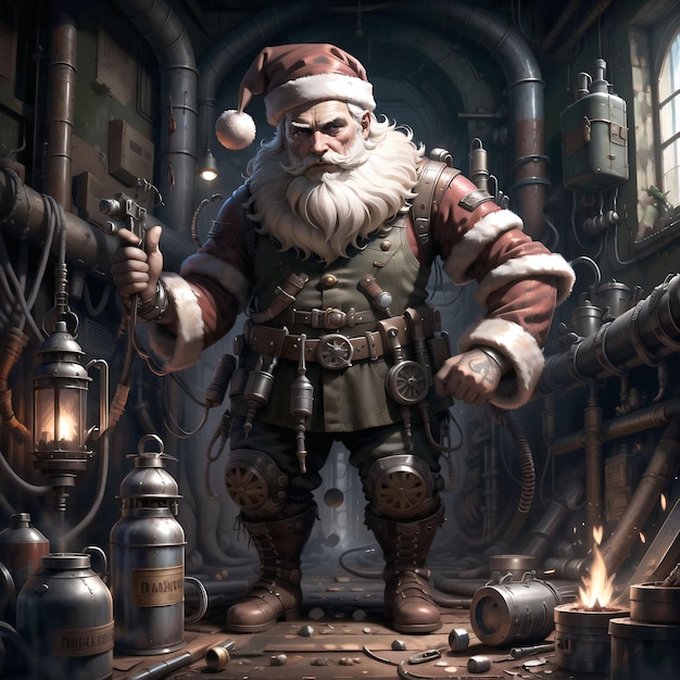 A santa with a gun in his hand is standing in a dark room