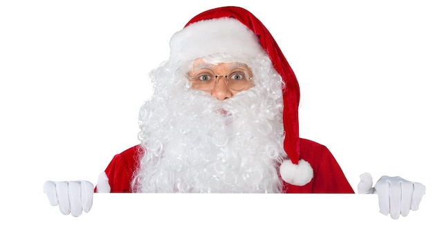 Santa with hands holding onto a blank surface - isolated image