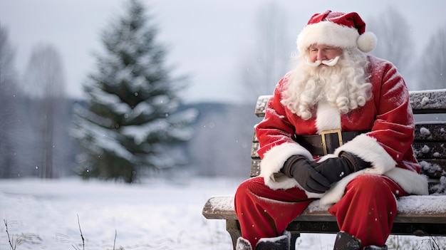 Santa with Red Coat Resting on Snowy Bench