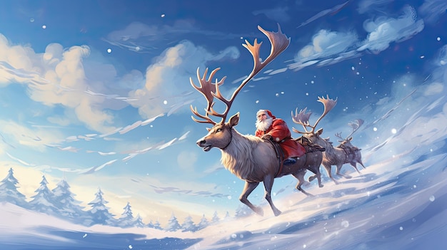 santa with reindeer spreading the love and Christmas gifts on sky wallpaper background