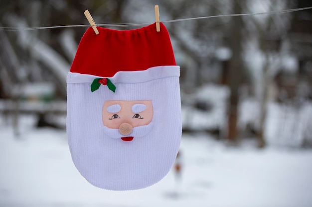 Santa039s Christmas bag is dried on a rope