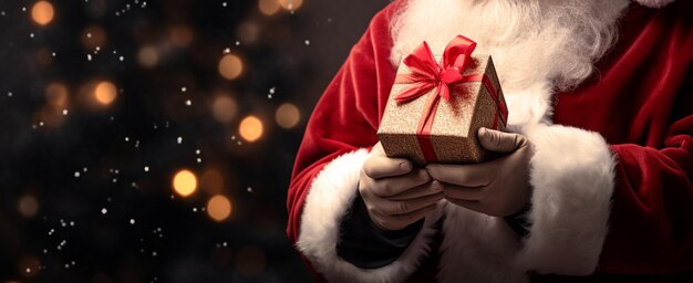 サンタさんがクリスマスのプレゼントを手にんで 包装されたプレゼントを握って 喜びと驚きを広めています