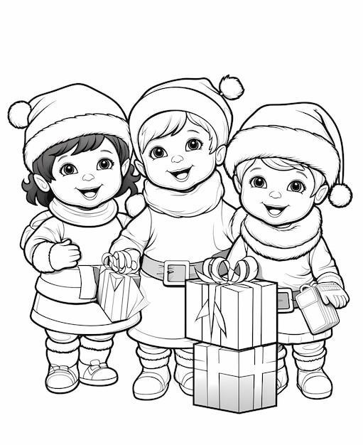 Santas Little Helpers Simple Black and White Outline Coloring Page for Toddlers