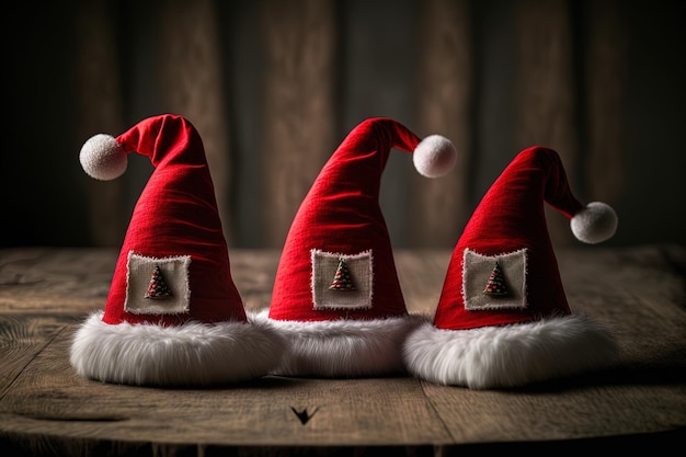 Santas three red hats on a wooden table against a pitch black background