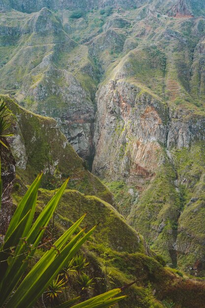 Santo Antao Cape Verde Breathtaking view of canyon with steep cliff and winding riverbed with lush green vegetation