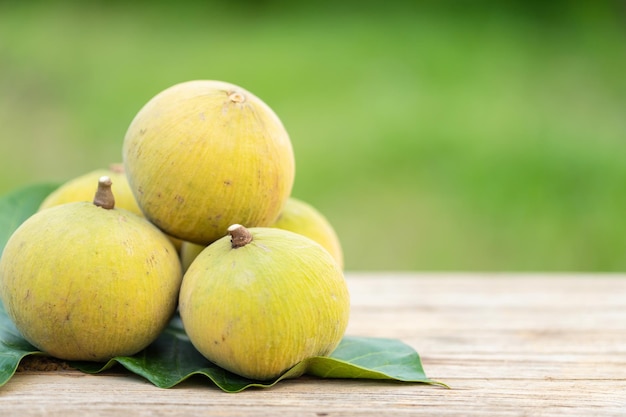 Santol fruit op houten tafel achtergrond Voedsel en gezondheidszorg concept