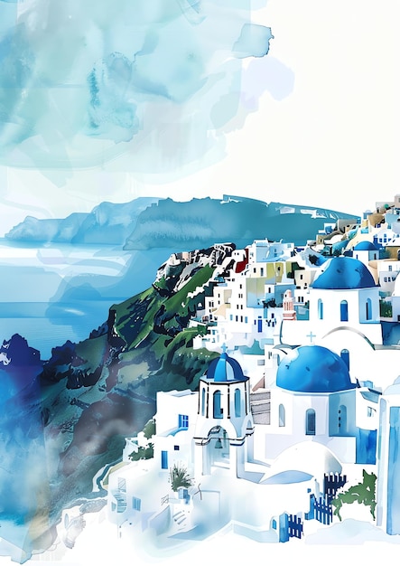 Santorini Greece landscape watercolor wedding invitation template