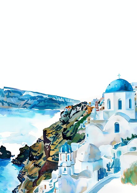 Santorini Greece landscape watercolor wedding invitation template