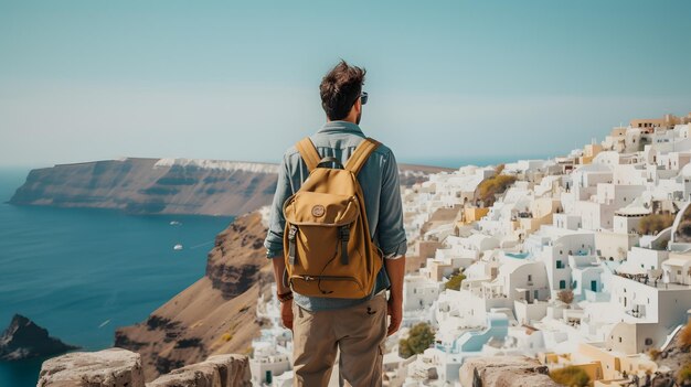 Santorini serenity backpacker's back view admiring the scenic beauty