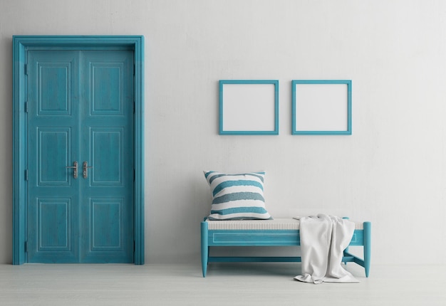Santorini style interior with bench door and blank picture frame