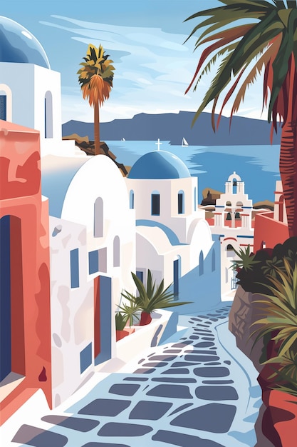 Santorini travel poster design with traditional white buildings with blue roofs