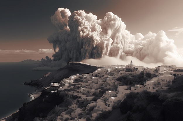 Santorini Volcanic eruption on island illustration generative ai