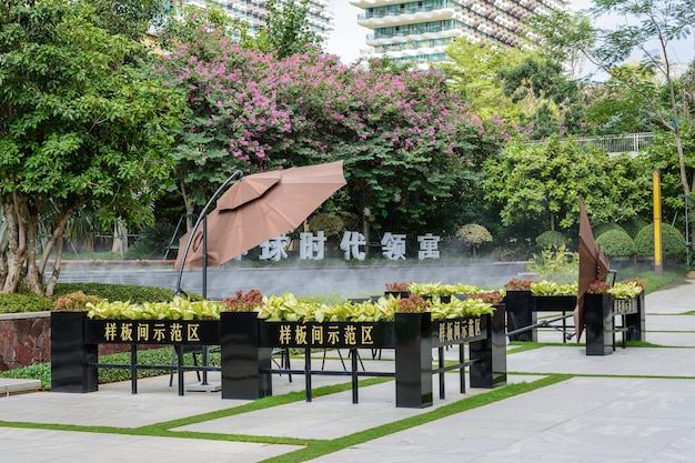 Sanya, Hainan, China - February 19, 2020: Flower pots on a street of the city of Sanya near the hotels: "House-trees".