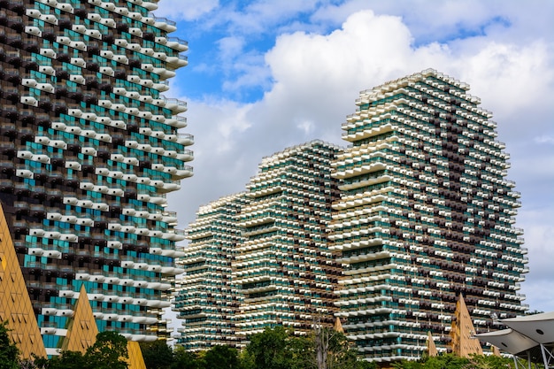 Sanya, Hainan, China - January 19, 2020: 7-star hotel Sanya Beauty Crown in which an annual competition is held- Miss of the World. Tourist complex is the largest hotel in the world. House trees.