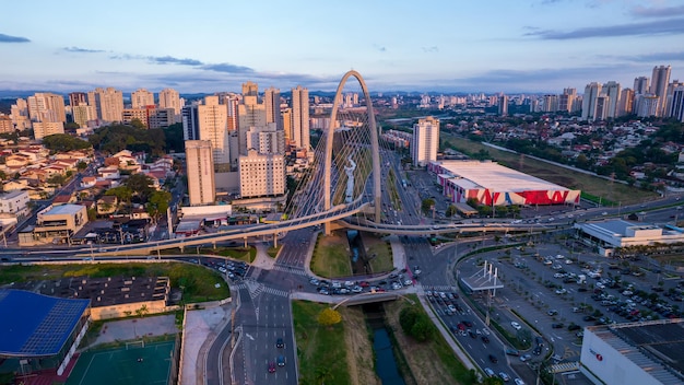 Sao Jose dos Campos Sao Paulo Brazil 04 2022xAAerial view of the cablestayed bridge in Sao Jose dos Campos known as the innovation arch