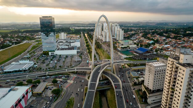 Sao Jose dos Campos Sao Paulo Brazil 04 2022xAAerial view of the cablestayed bridge in Sao Jose dos Campos known as the innovation arch