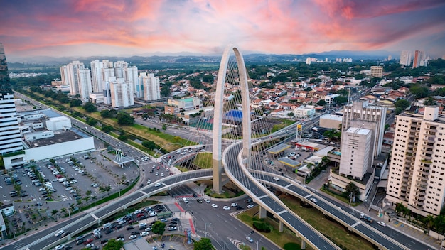 Sao Jose dos Campos Sao Paulo Brazil 04 2022xAAerial view of the cablestayed bridge in Sao Jose dos Campos known as the innovation arch