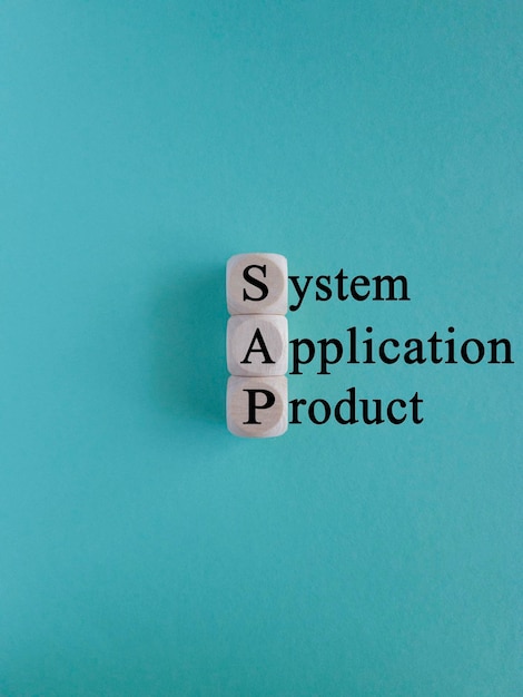 SAP system application product symbol Wooden cubes with words SAP system application product