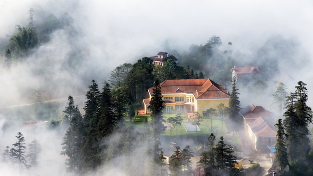 Sapa valley city in the mist in the morning, Vietnam