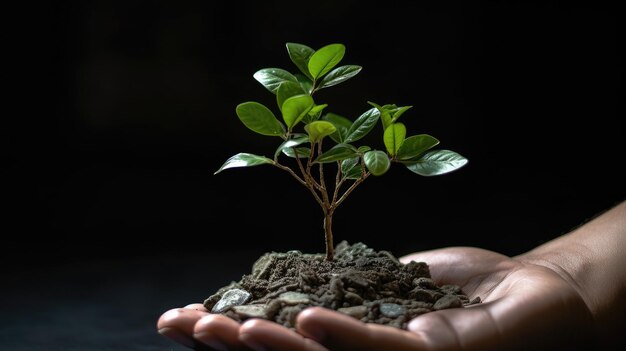 Photo sapling flourishes above hand grasping silver coins creative green business ideas for finance and i