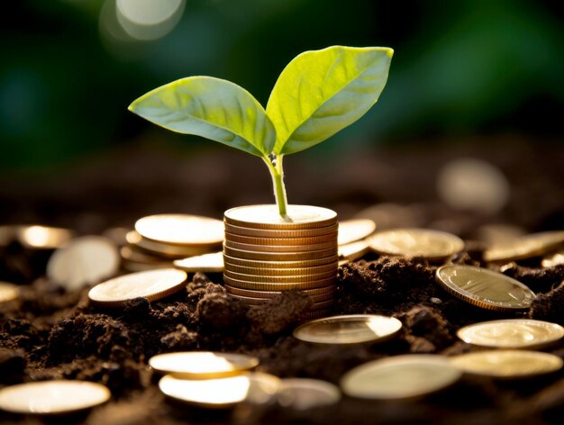 Photo sapling growing from coins investment concept