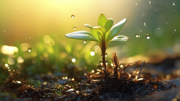 sapling growing up with soil and dew and morning light little tree with water drop generative AI