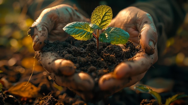 Photo saplings are held in soil by hands