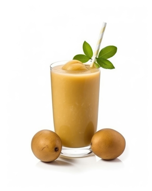 Sapota juice with splashes with sapota fruit in isolated white background studio shot