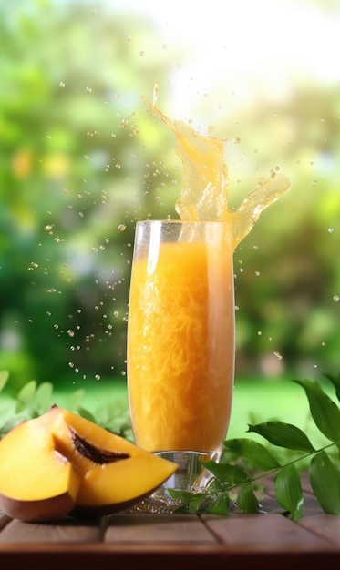 Sapota juice with splashes with sapota fruit in studio background restaurant with garden