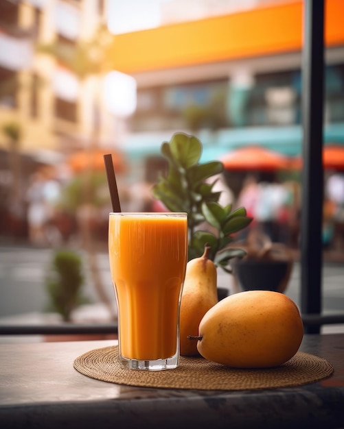 Sapota juice with splashes with sapota fruit in studio background restaurant with garden