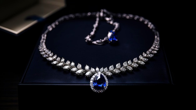 Sapphire necklace high end classic in a jewelry box on a display shelf