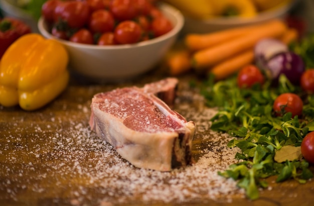 Foto sappig stukje rauwe biefstuk met groenten rond op een houten tafel