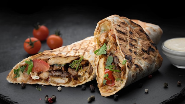 Sappig vlees en verse groenten verpakt in een klassieke shoarma geserveerd met smaakvolle saus