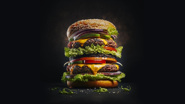 Sappige en cheesy dubbel gestapelde hamburger op zwarte rokerige achtergrond voor website advertentiebanners.