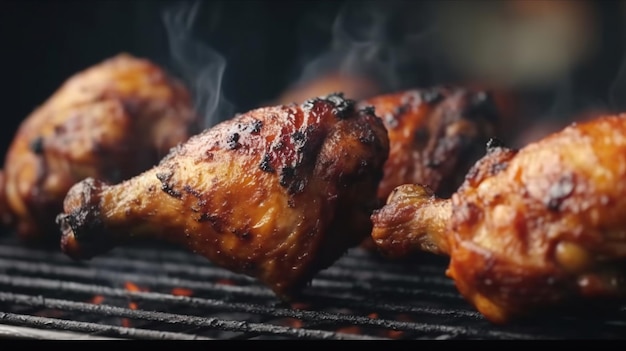 Sappige gekruide kippentrommelstokken op een grill met door roken gegenereerd ai-beeld