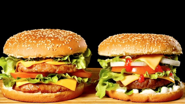 Sappige hamburger op een houten tafel, cheeseburger met sla en tomaat in een broodje