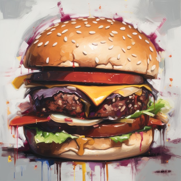 Sappige hamburger schilderij met abstracte achtergrond