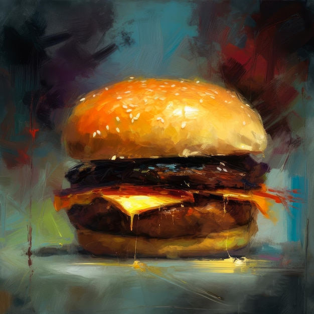 Sappige hamburger schilderij met abstracte achtergrond