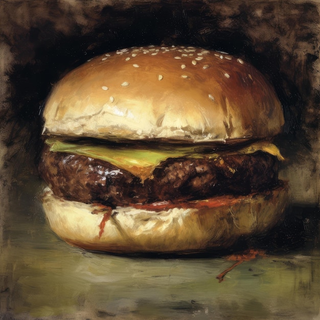 Sappige hamburger schilderij met abstracte achtergrond