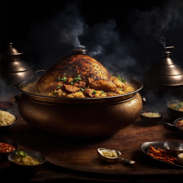 Sappige kip biryani met rook