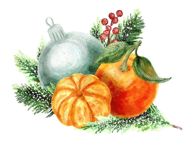 Sappige mandarijnen of mandarijnen, dennentakken en ornament, rode bessen, nieuwjaars- en kerstsamenstelling. hand getekende illustratie geïsoleerd op een witte achtergrond