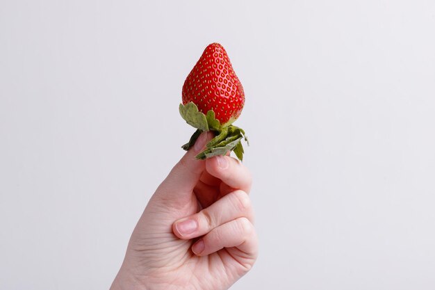 Sappige rode aardbeien in de hand op een witte achtergrond Hoge kwaliteit foto